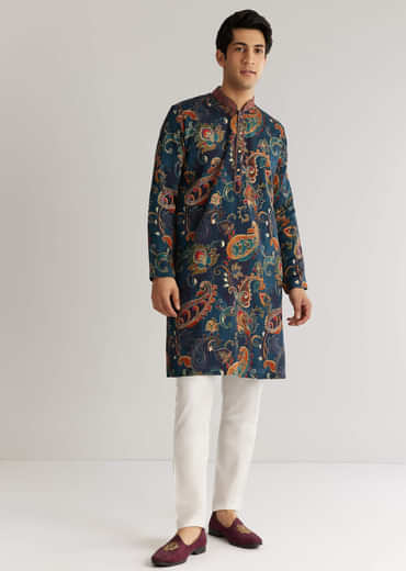 Navy Blue Silk Resham Embroidered Kurta Set With Paisley Prints
