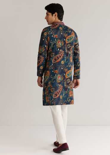 Navy Blue Silk Resham Embroidered Kurta Set With Paisley Prints