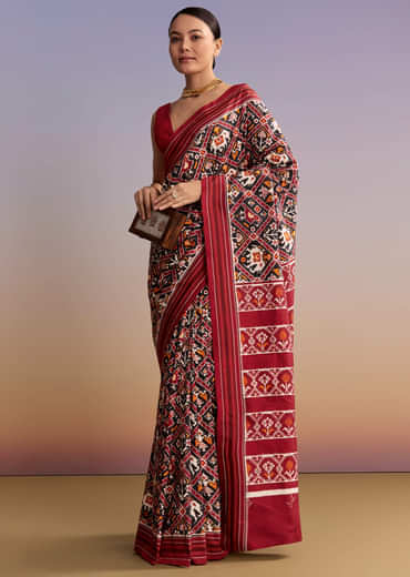 Navy Blue Silk Single Ikkat Handwoven Patola Saree With Animal Motifs