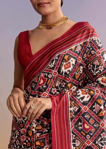 Navy Blue Silk Single Ikkat Handwoven Patola Saree With Animal Motifs