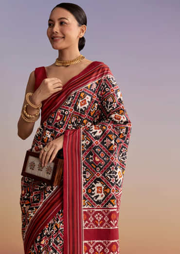 Navy Blue Silk Single Ikkat Handwoven Patola Saree With Animal Motifs