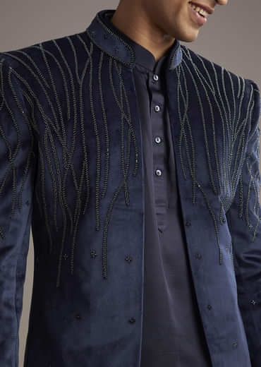 Navy Blue Velvet Indo Western Set For Men With Beads Work