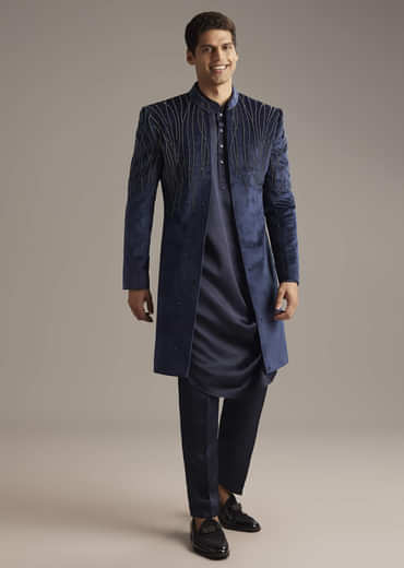 Navy Blue Velvet Indo Western Set For Men With Beads Work