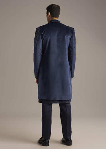 Navy Blue Velvet Indo Western Set For Men With Beads Work