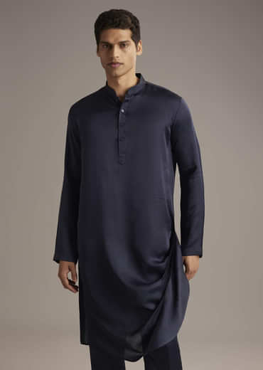 Navy Blue Velvet Indo Western Set For Men With Beads Work