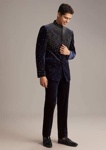 Navy Blue Velvet Jodhpuri Suit For Men With Beads Work