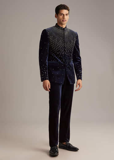 Navy Blue Velvet Jodhpuri Suit For Men With Beads Work