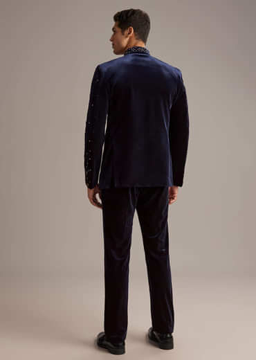 Navy Blue Velvet Jodhpuri Suit For Men With Beads Work