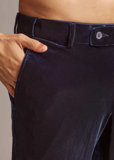 Navy Blue Velvet Jodhpuri Suit For Men With Beads Work