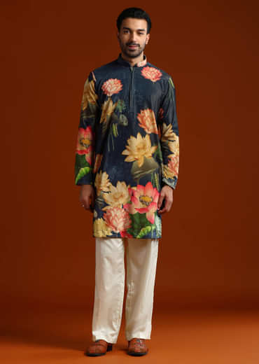 Navy Blue Velvet Kurta Set For Men With Print