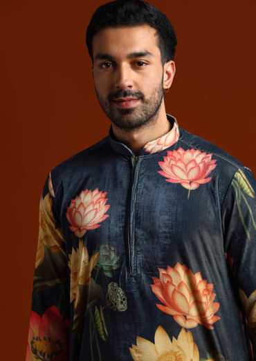 Navy Blue Velvet Kurta Set For Men With Print
