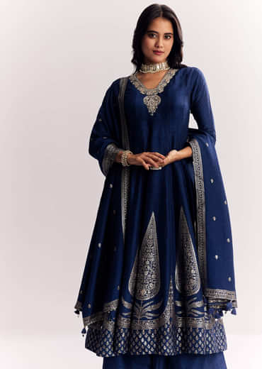 Navy Blue Weave Silk Anarkali Suit With Dupatta