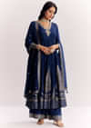 Navy Blue Weave Silk Anarkali Suit With Dupatta