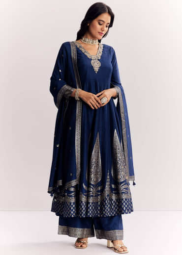Navy Blue Weave Silk Anarkali Suit With Dupatta