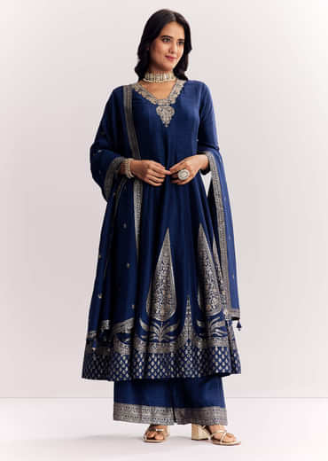 Navy Blue Weave Silk Anarkali Suit With Dupatta