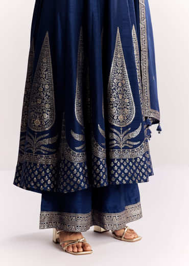 Navy Blue Weave Silk Anarkali Suit With Dupatta