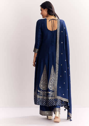 Navy Blue Weave Silk Anarkali Suit With Dupatta