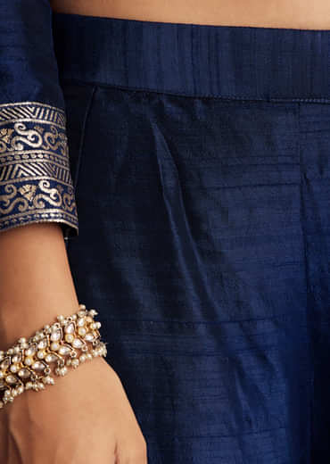 Navy Blue Weave Silk Anarkali Suit With Dupatta