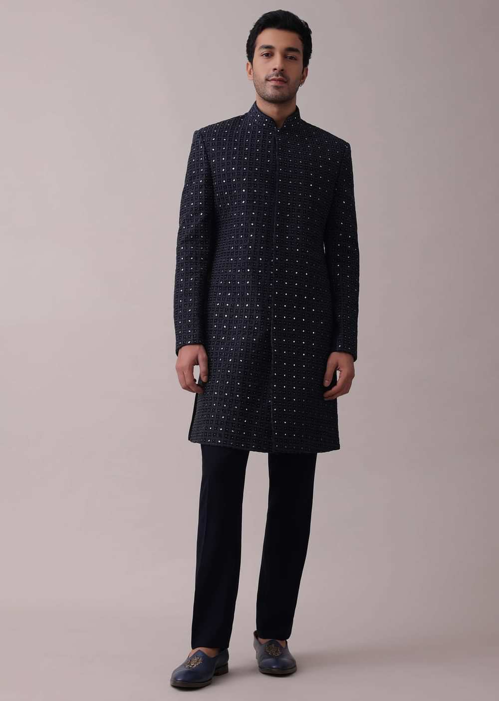 Navy Blue Achkan Set With Mirror And Cut Dana Embroidery