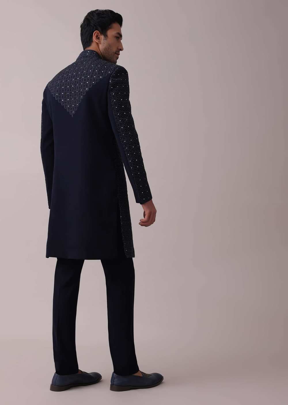 Navy Blue Achkan Set With Mirror And Cut Dana Embroidery