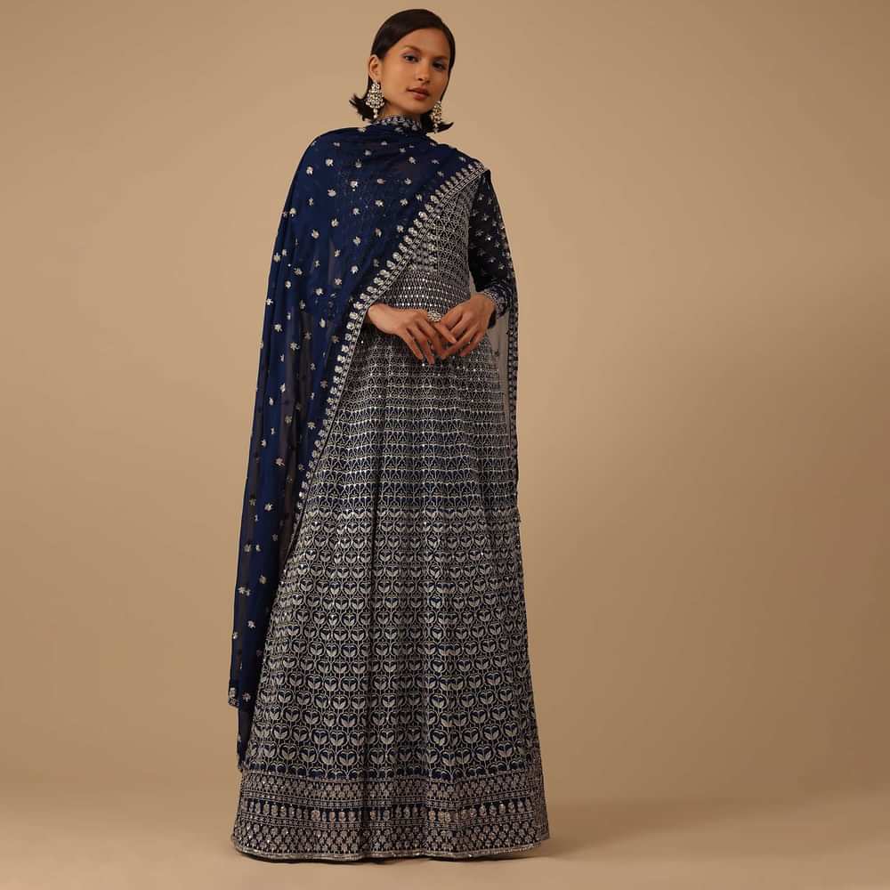 Navy Blue Anarkali Suit Set In Georgette With Thread Work All Over