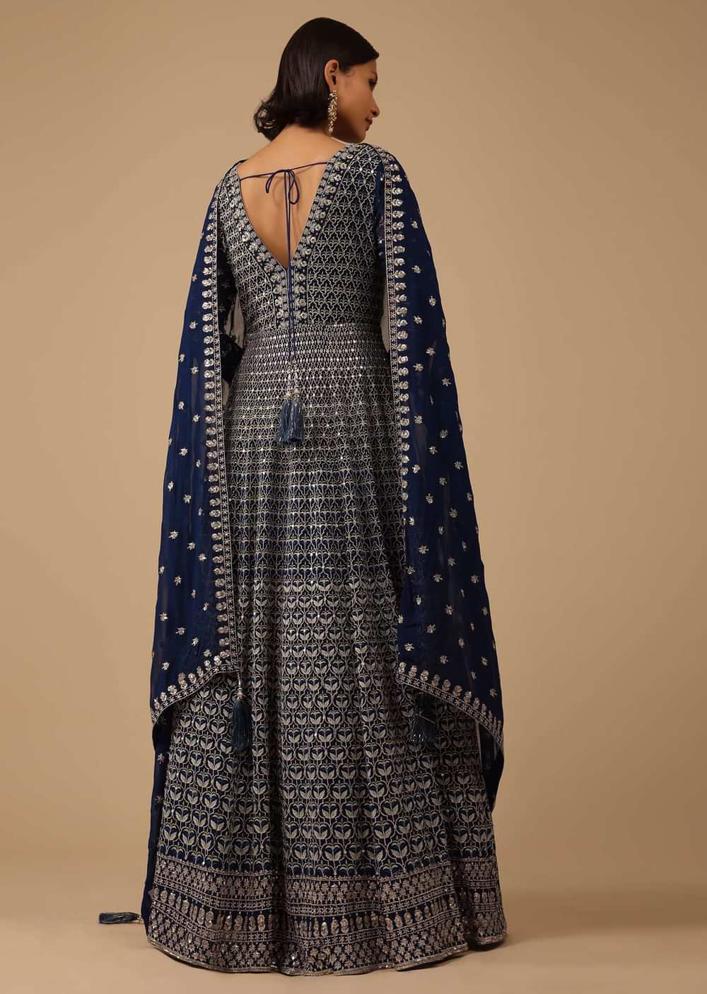 Navy Blue Anarkali Suit Set In Georgette With Thread Work All Over