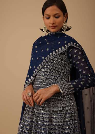 Navy Blue Anarkali Suit Set In Georgette With Thread Work All Over