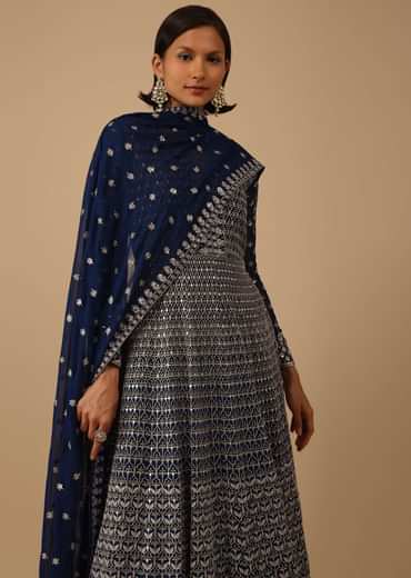 Navy Blue Anarkali Suit Set In Georgette With Thread Work All Over