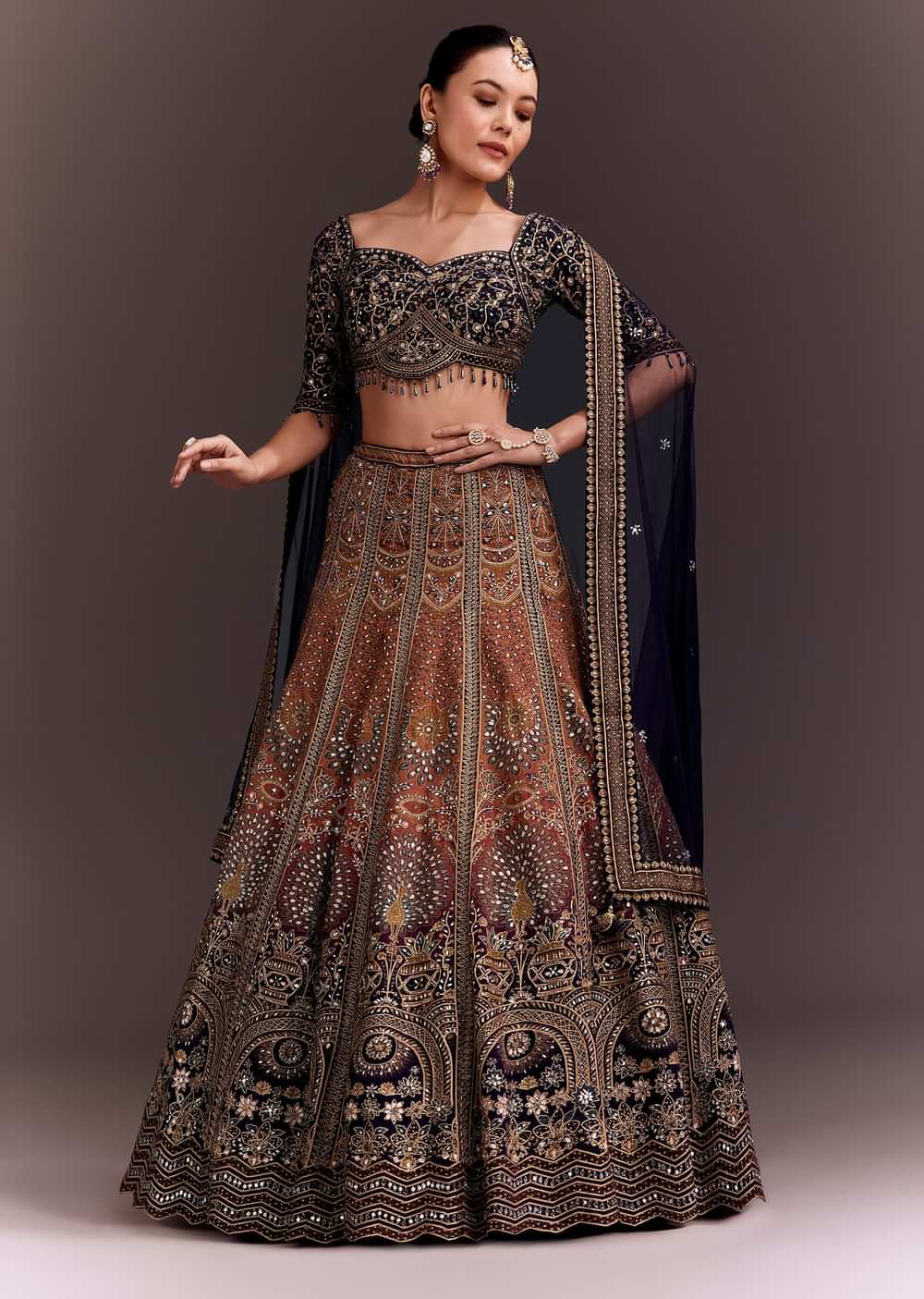 Navy Blue And Orange Zari Embroidered Lehenga Set