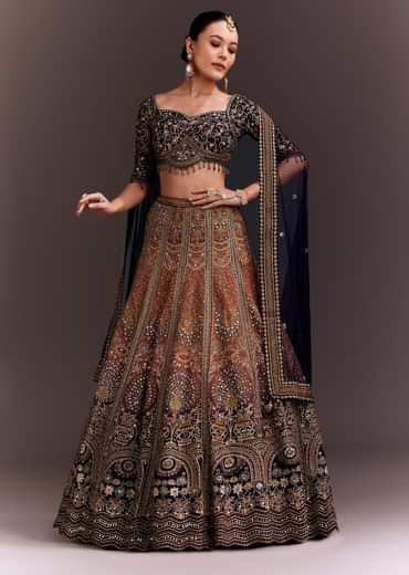 Navy Blue And Orange Zari Embroidered Lehenga Set