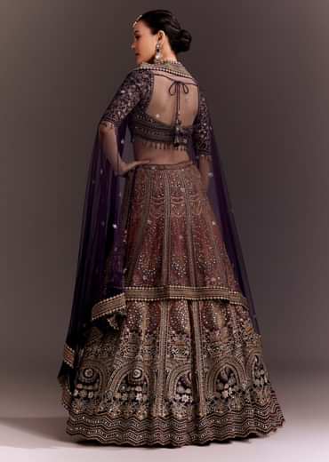 Navy Blue And Orange Zari Embroidered Lehenga Set