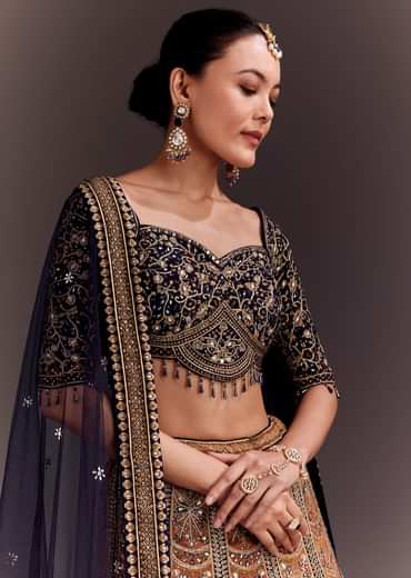 Navy Blue And Orange Zari Embroidered Lehenga Set