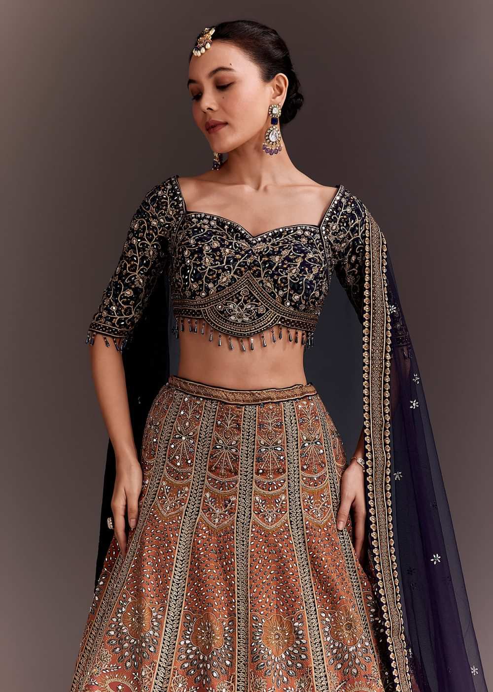Navy Blue And Orange Zari Embroidered Lehenga Set