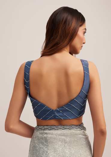 Navy Blue Dual Shaded Sequins Saree With Scalloped Border