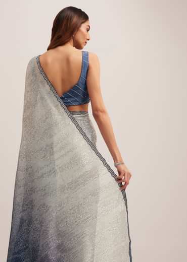 Navy Blue Dual Shaded Sequins Saree With Scalloped Border