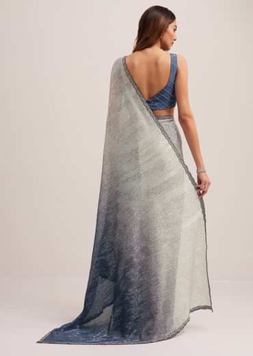 Navy Blue Dual Shaded Sequins Saree With Scalloped Border