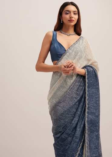 Navy Blue Dual Shaded Sequins Saree With Scalloped Border