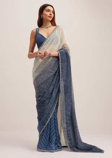 Navy Blue Dual Shaded Sequins Saree With Scalloped Border
