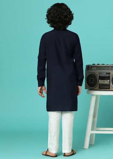 Navy Blue Embroidered Kurta And Pant Set In Silk