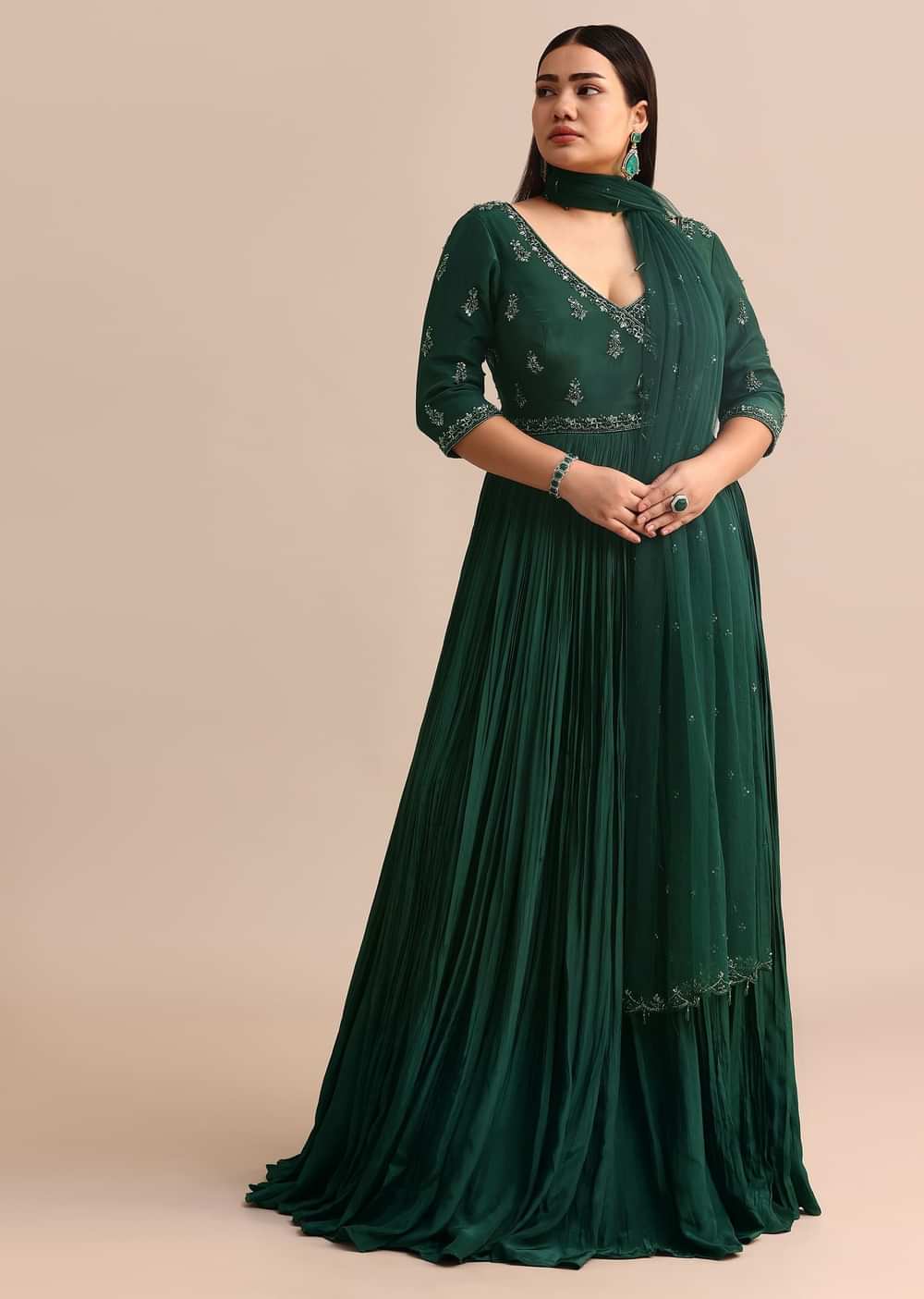 Dark Green Embroidered Anarkali Suit With Net Dupatta