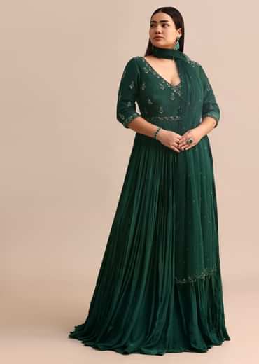 Dark Green Embroidered Anarkali Suit With Net Dupatta