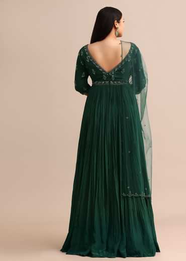 Dark Green Embroidered Anarkali Suit With Net Dupatta