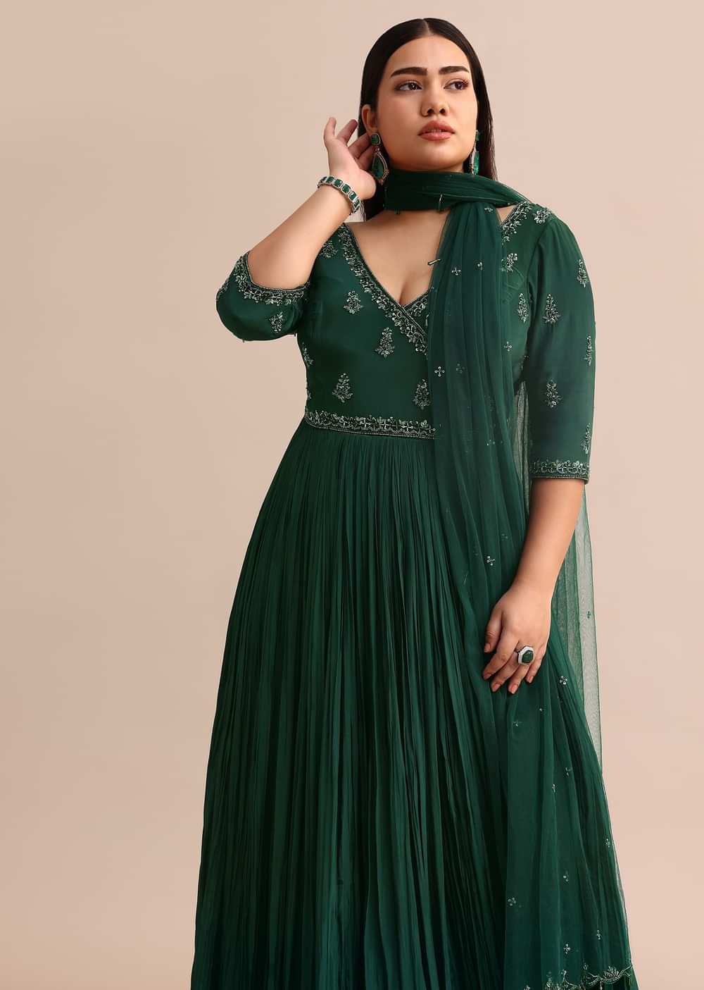 Dark Green Embroidered Anarkali Suit With Net Dupatta