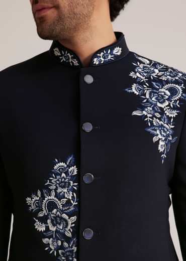 Navy Blue Embroidered Bandhgala Suit Kalki