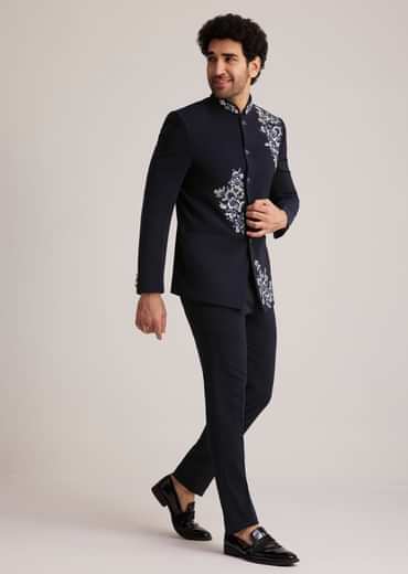 Navy Blue Embroidered Bandhgala Suit Kalki