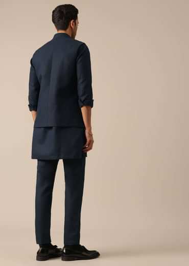 Navy Blue Embroidered Jacket Kurta Set In Linen