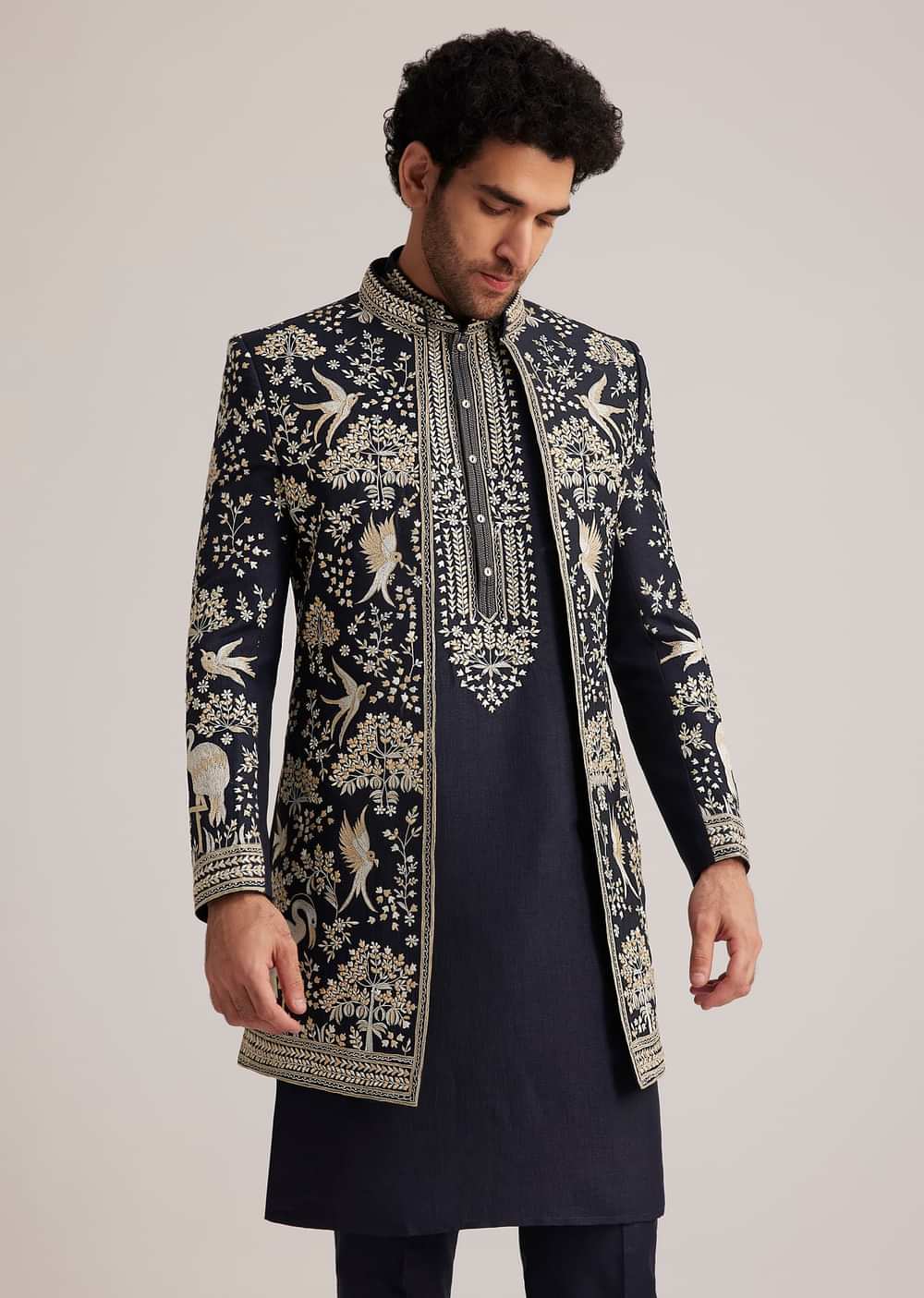 Navy Blue Embroidered Sherwani Kurta Set