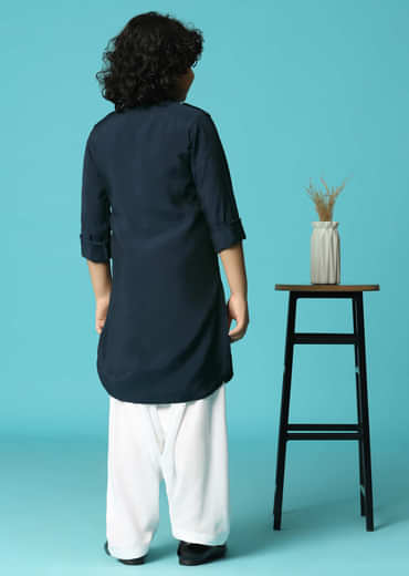 Navy Blue Embroidered Silk Kurta Pant For Boys