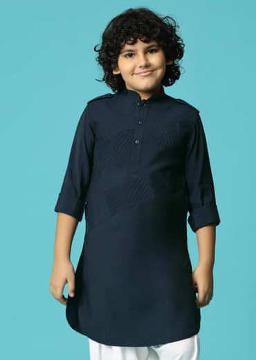 Navy Blue Embroidered Silk Kurta Pant For Boys