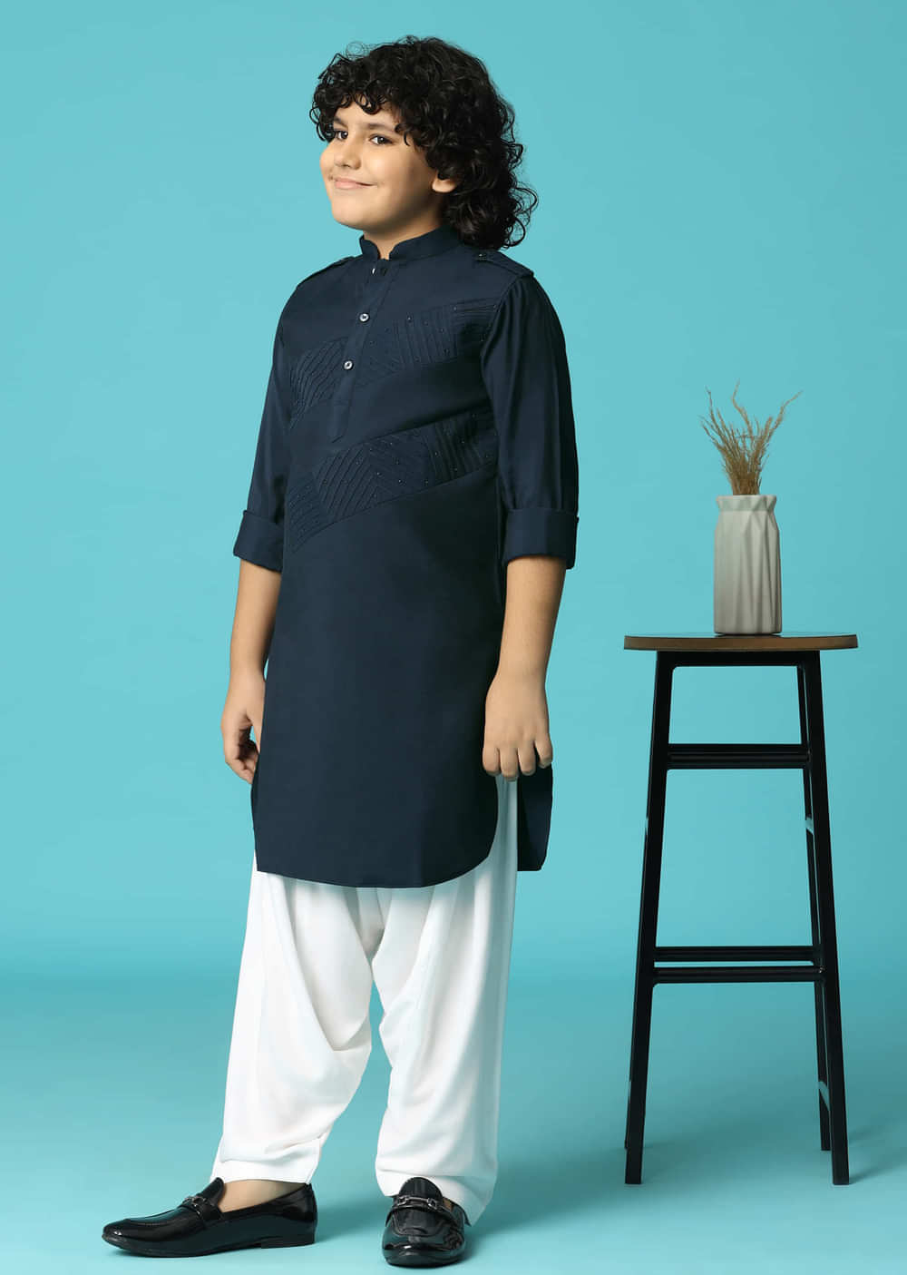Navy Blue Embroidered Silk Kurta Pant For Boys